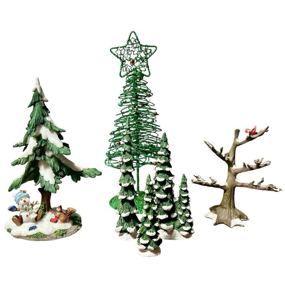 Christmas Village Lot 6 Misc Pine Trees Bare Branch Tree w Cardinal Glitter Tree - Picture 1 of 10